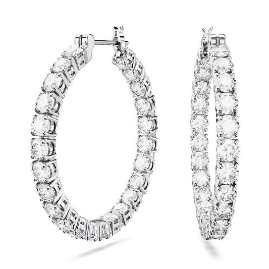 Matrix hoop earrings, Round cut, White, Rhodium plated 5647715