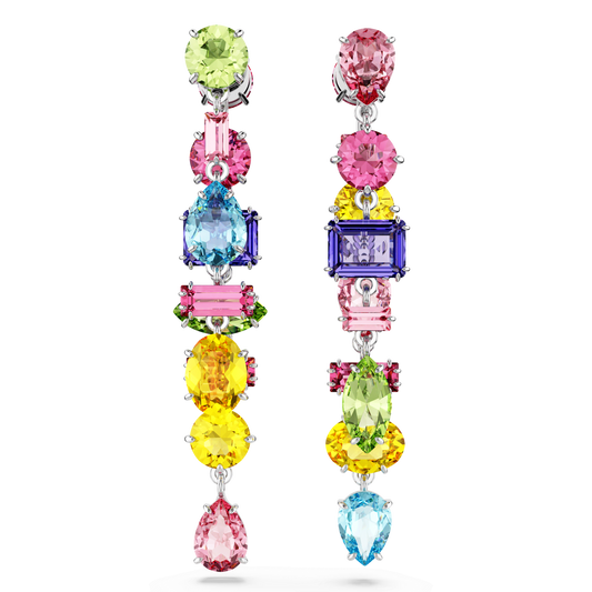 Gema drop earrings, Asymmetrical design, Mixed cuts, Long, Multicolored, Rhodium plated 5656417