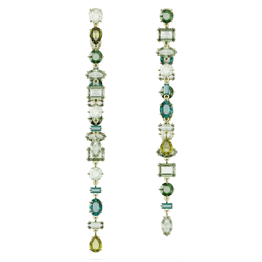 Gema drop earrings, Asymmetrical design, Mixed cuts, Extra long, Green, Gold-tone plated 5657390