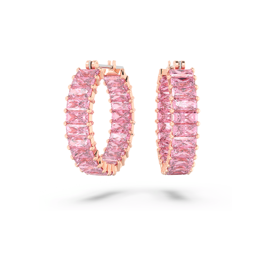 Matrix hoop earrings, Baguette cut, Pink, Rose gold-tone plated 5657726
