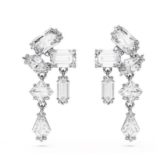 Mesmera drop earrings, Mixed cuts, White, Rhodium plated 5665825
