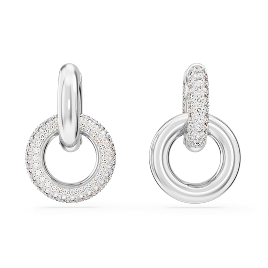 Dextera hoop earrings, Asymmetrical design, Interlocking loop, White, Rhodium plated 5671807