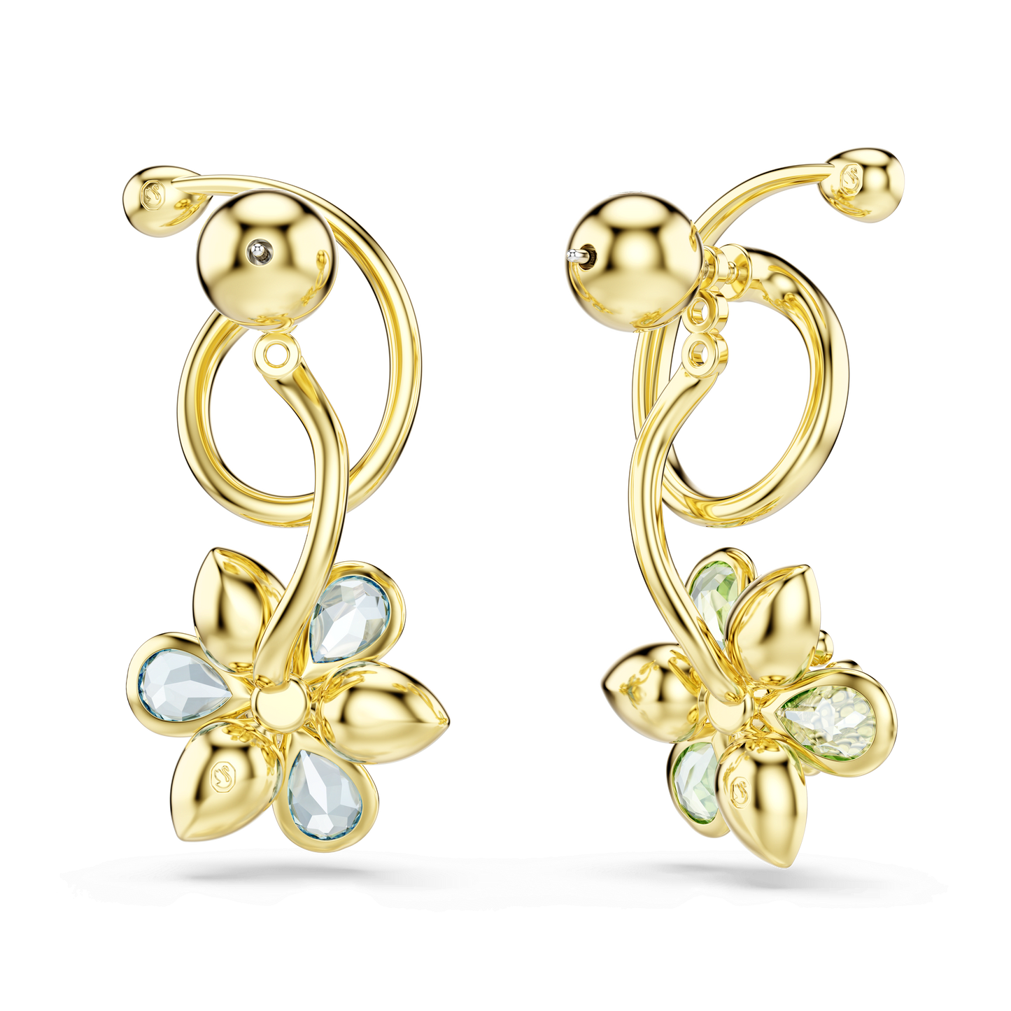 Idyllia drop earrings, Asymmetrical design, Mixed cuts, Flower, Multicolored, Gold-tone plated 5709025