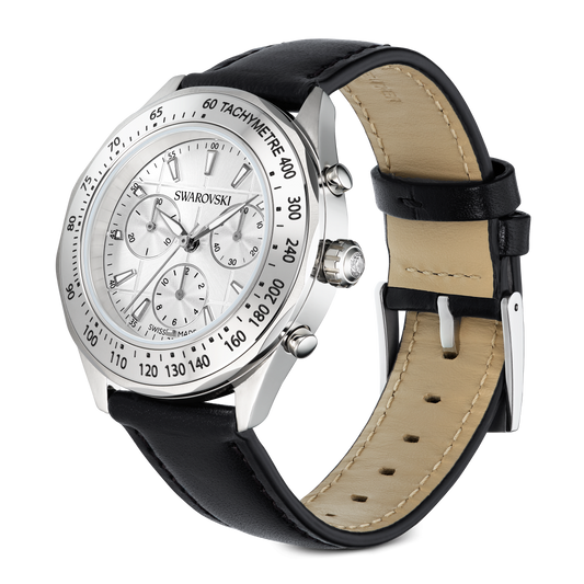 Dextera tachymetre watch, Swiss Made, Leather strap, Silver tone, Stainless steel 5728378