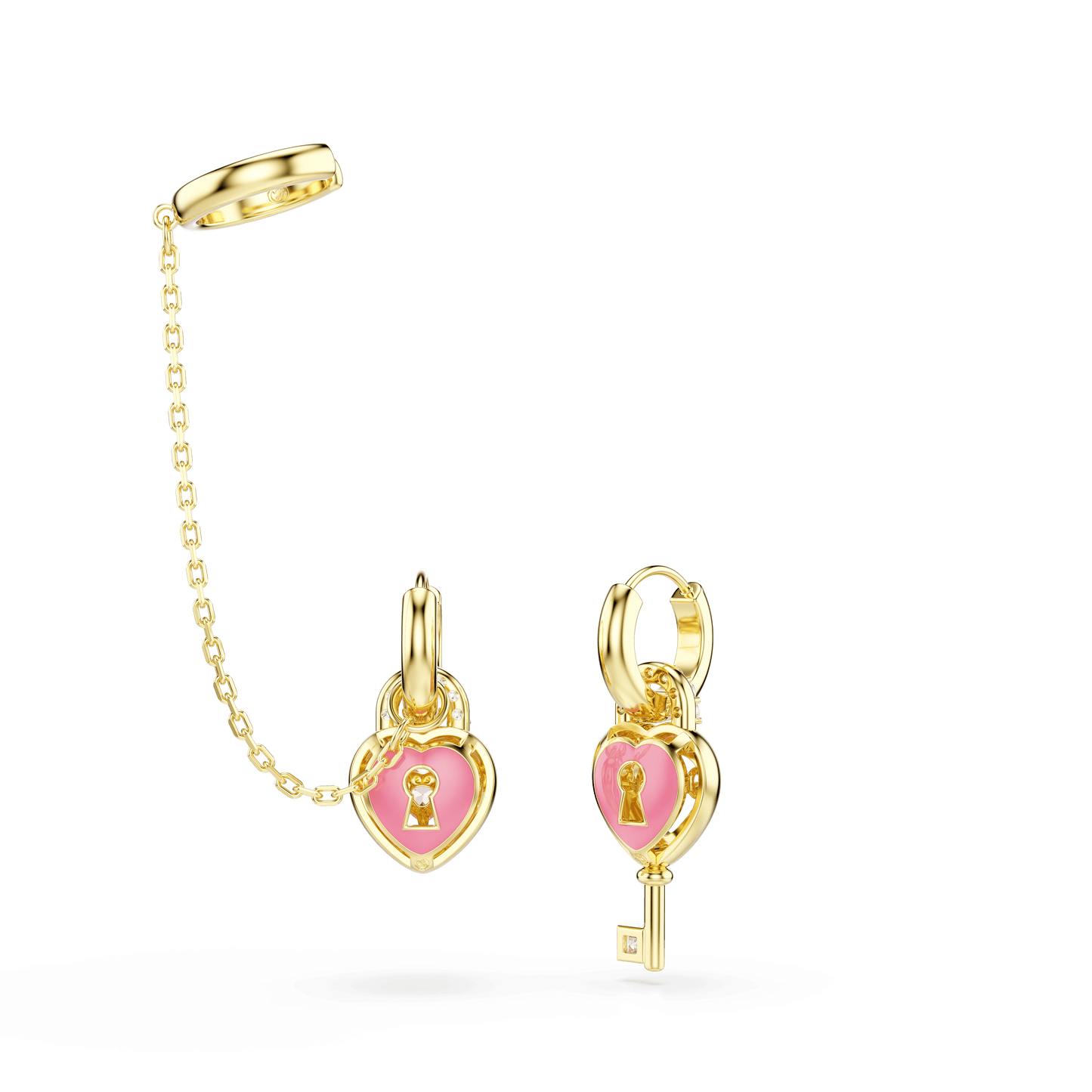 Idyllia drop earrings with ear cuff, Mixed cuts, Heart with key, Pink, Gold-tone plated 5737294