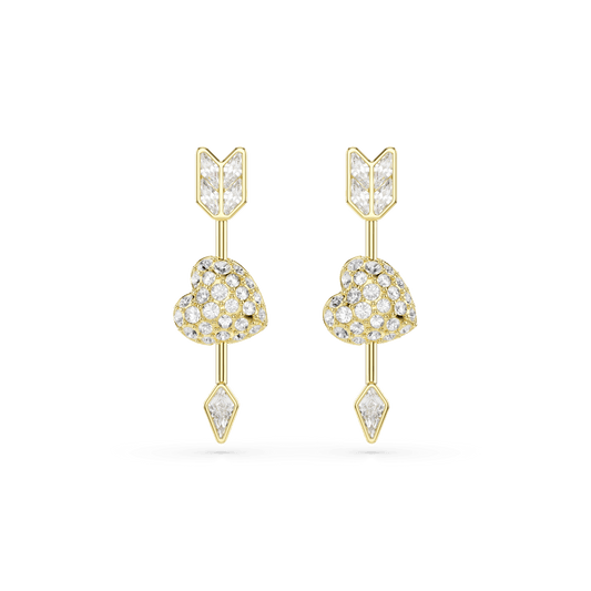 Idyllia drop earrings, Mixed cuts, Heart with arrow, White, Gold-tone plated 5737295