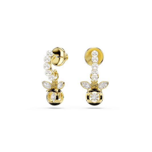 Idyllia drop earrings, Crystal pearl, Mixed cuts, Bee, Multicolored, Gold-tone plated 5742678