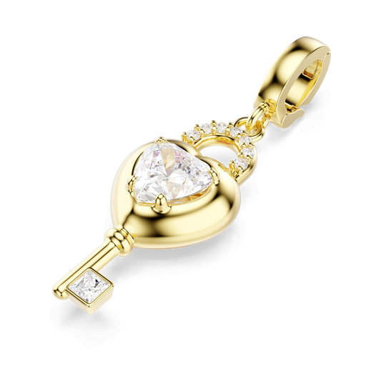 Idyllia charm, Mixed cuts, Heart with key, White, Gold-tone plated 5742959