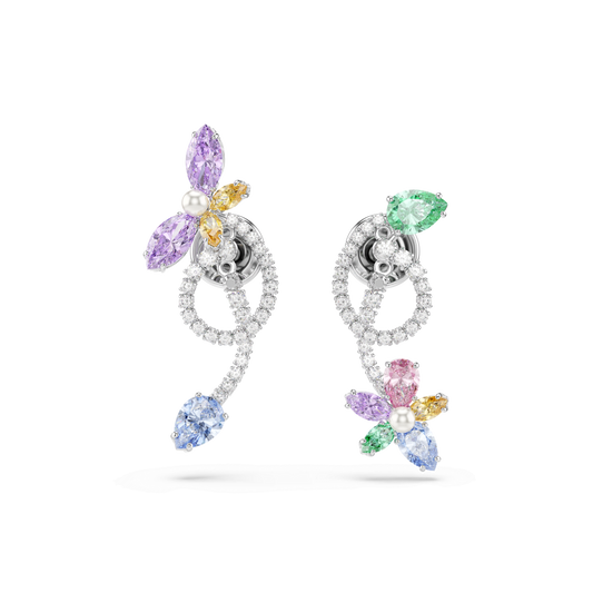 Ariana Grande x Swarovski drop earrings with ear jacket, Mixed cuts, Dragonfly, Flower, Multicolored, Rhodium plated 5749190