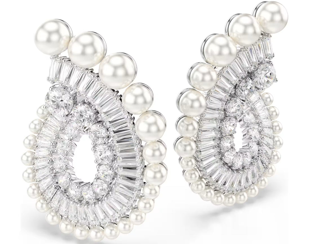 Ariana Grande x Swarovski drop earrings Crystal Pearl, Mixed cuts, White, Rhodium plated
