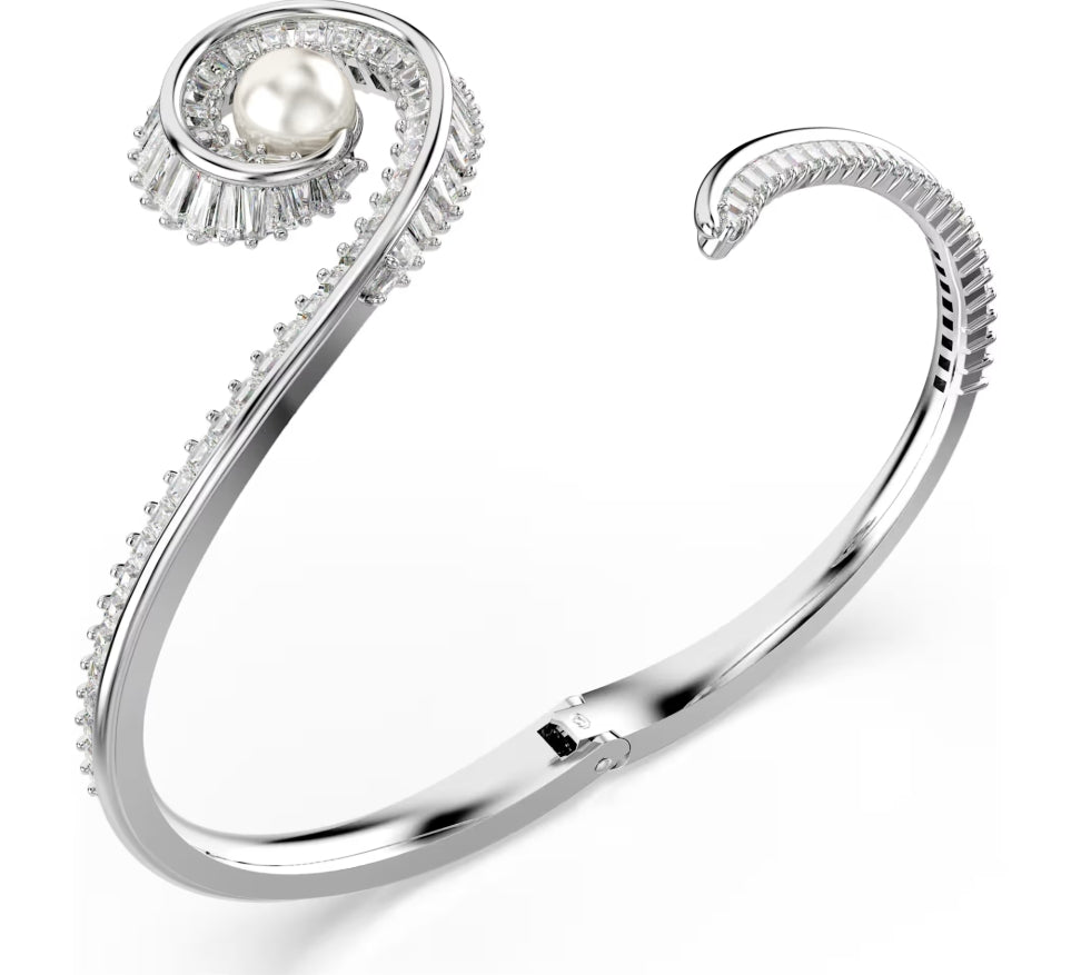 Ariana Grande x Swarovski bangle Crystal pearl, Baguette cut, White, Rhodium plated