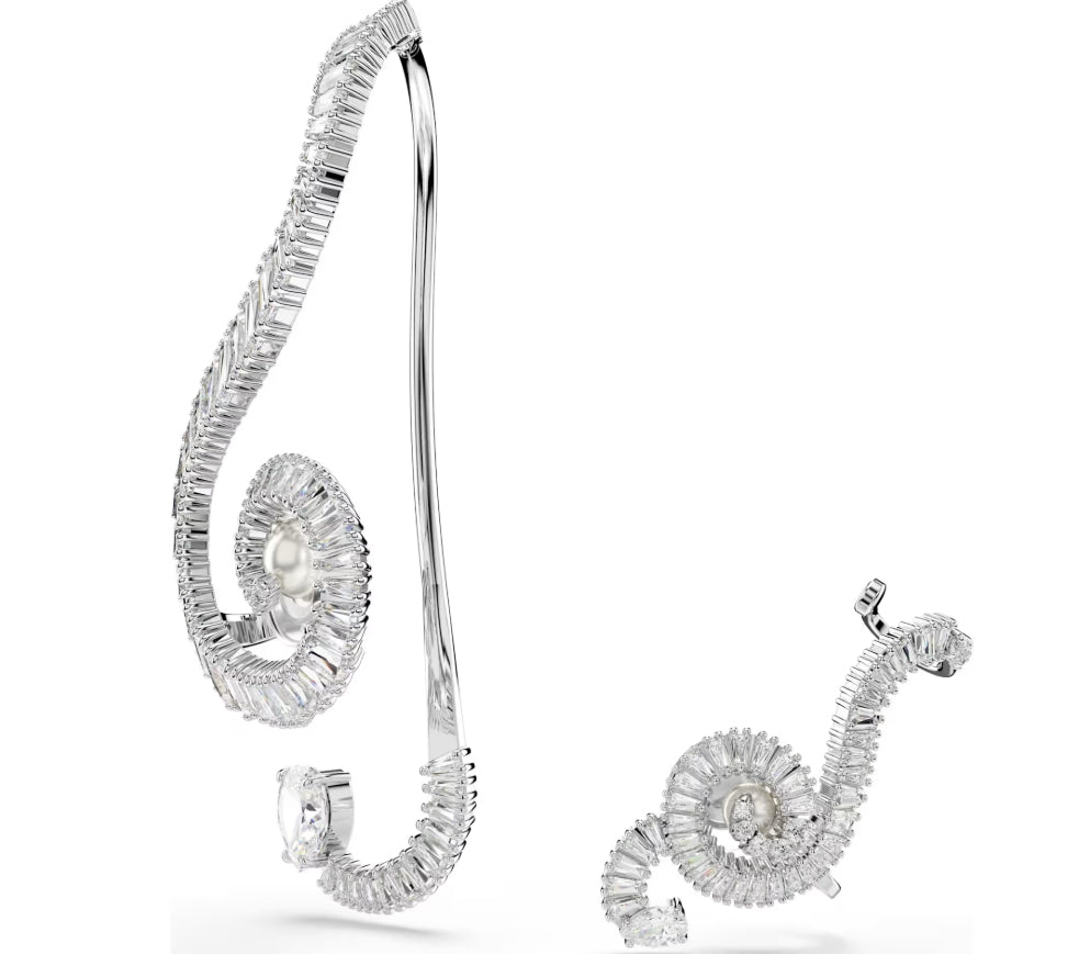 Ariana Grande x Swarovski clip earrings Asymmetrical design, Crystal pearl, Baguette cut, White, Rhodium plated
