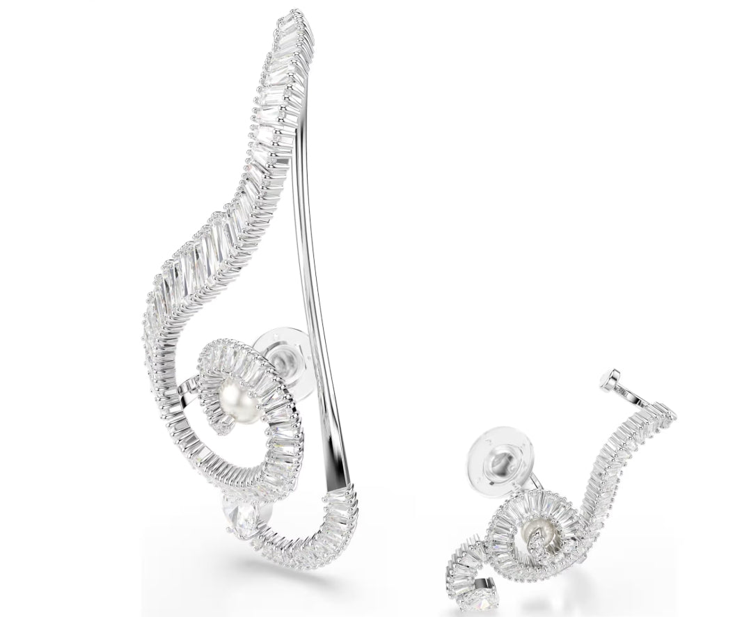 Ariana Grande x Swarovski clip earrings Asymmetrical design, Crystal pearl, Baguette cut, White, Rhodium plated
