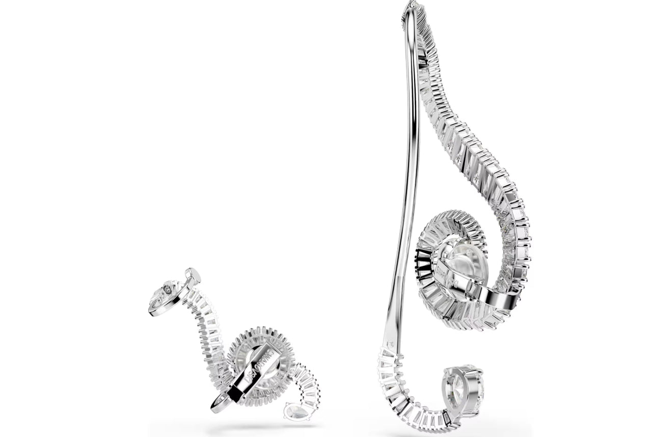 Ariana Grande x Swarovski clip earrings Asymmetrical design, Crystal pearl, Baguette cut, White, Rhodium plated