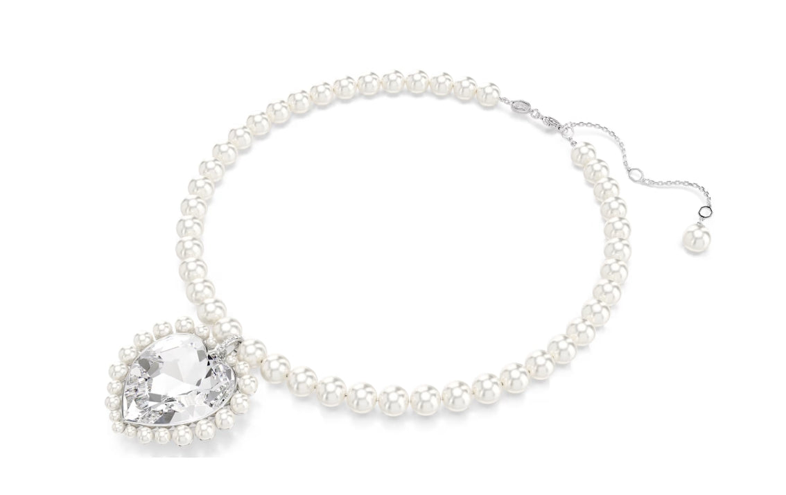 Ariana Grande x Swarovski necklace Crystal pearl, Heart cut, Heart, White, Rhodium plated
