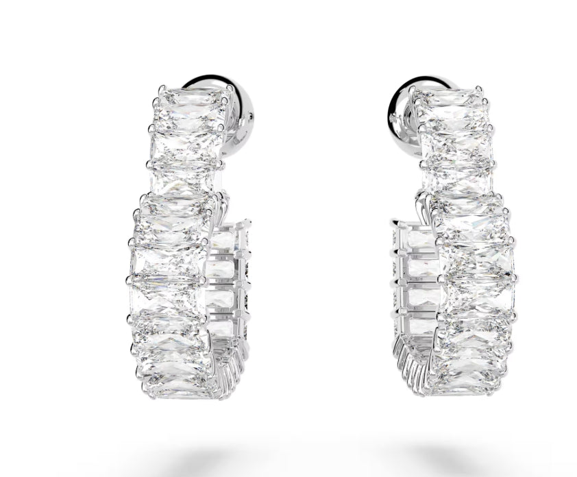 Matrix hoop earrings Baguette cut, Heart, Small, White, Rhodium plated