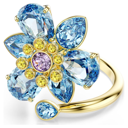 Idyllia open ring Mixed cuts, Flower, Blue, 18K gold finish