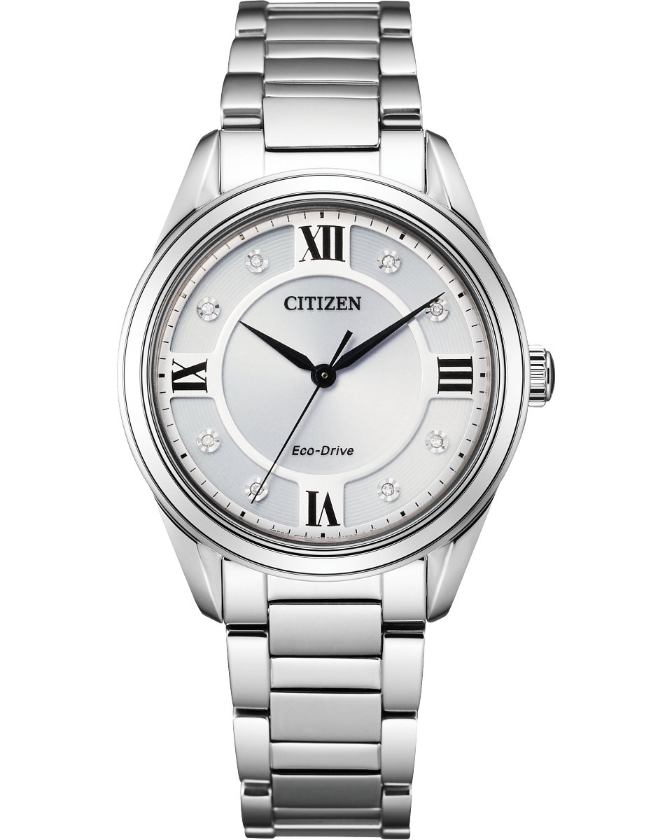 Citizen watch model EM0870-58A ladies watch metal link strap three hand silver tone dial diamond accent powered by light