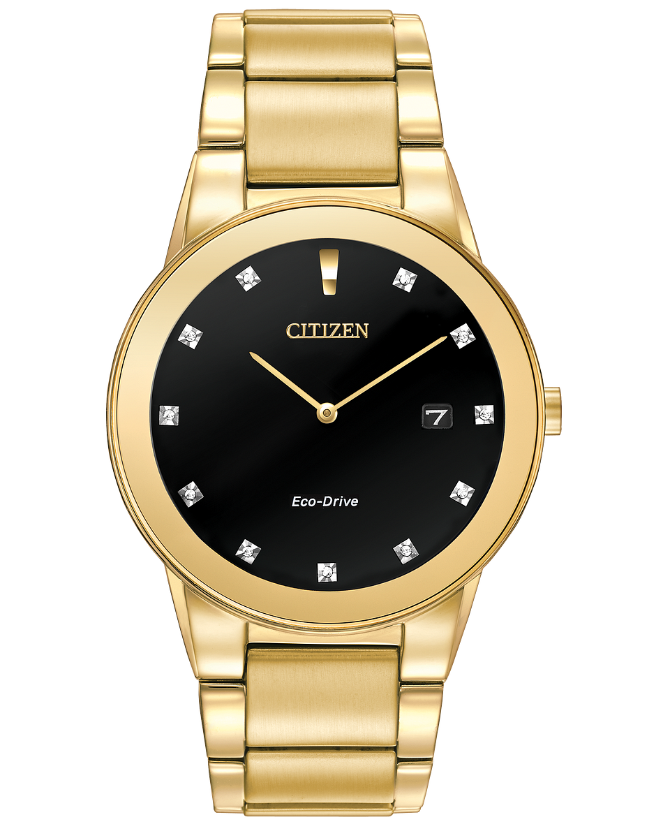 citizen watch model AU1062-56G has a gold tone stainless steel case and bracelet with a black dial eleven diamond dial and date powered by light no battery needed