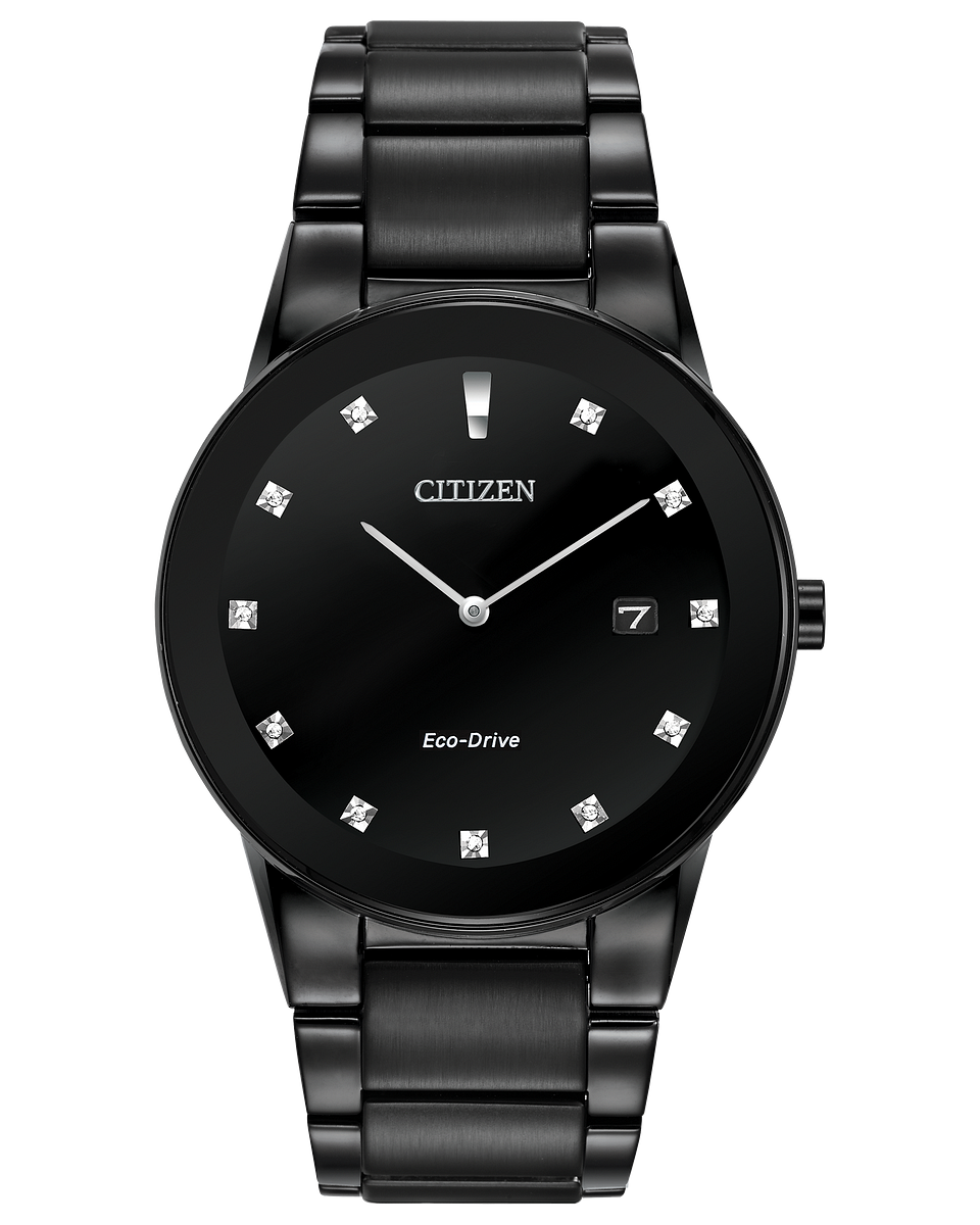 Citizen Watch AU1065-58G has a black stainless steel case with a black dial with a date tracker