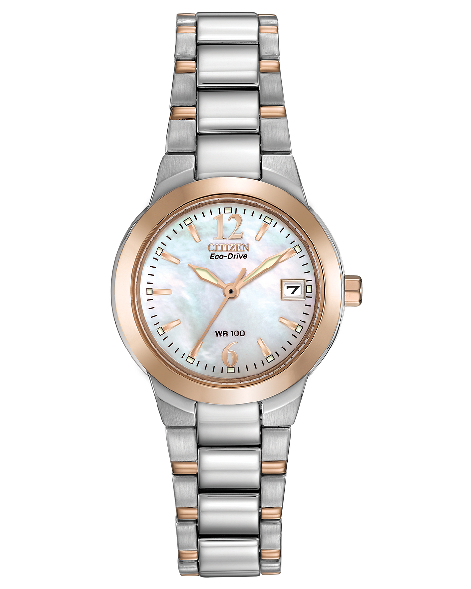 Citizen EW1676-52D ladies watch mother of pearl dial and stainless steel rose two tone powered by light