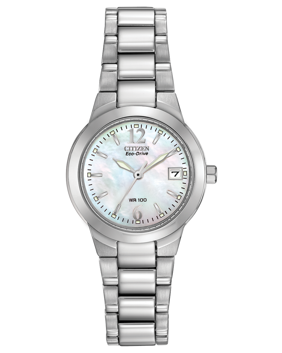The Citizen EW1670-59D ladies watch has a mother of peal dial date tracker and stainless steel bracelet