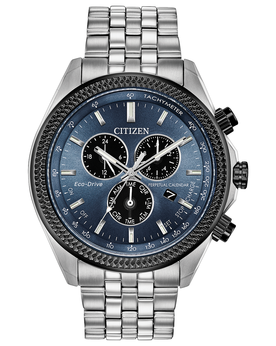 Citizen BL5568-54L has a calendar chronograph stainless steel bracelet blue and grey dial powered by light