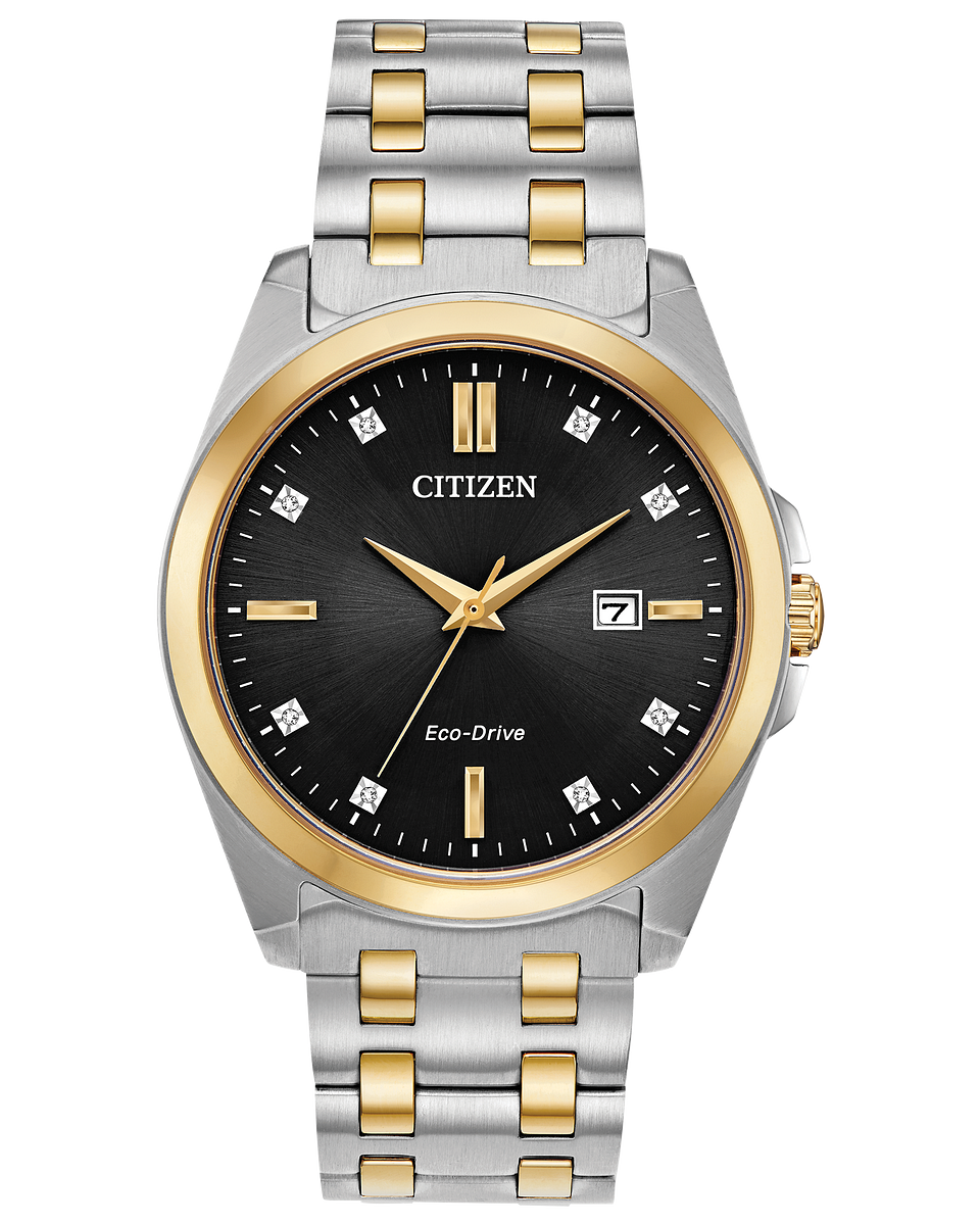 citizen watch two tone gold colored stainless steel bracelet black dial gold colored hands model BM7107-50E