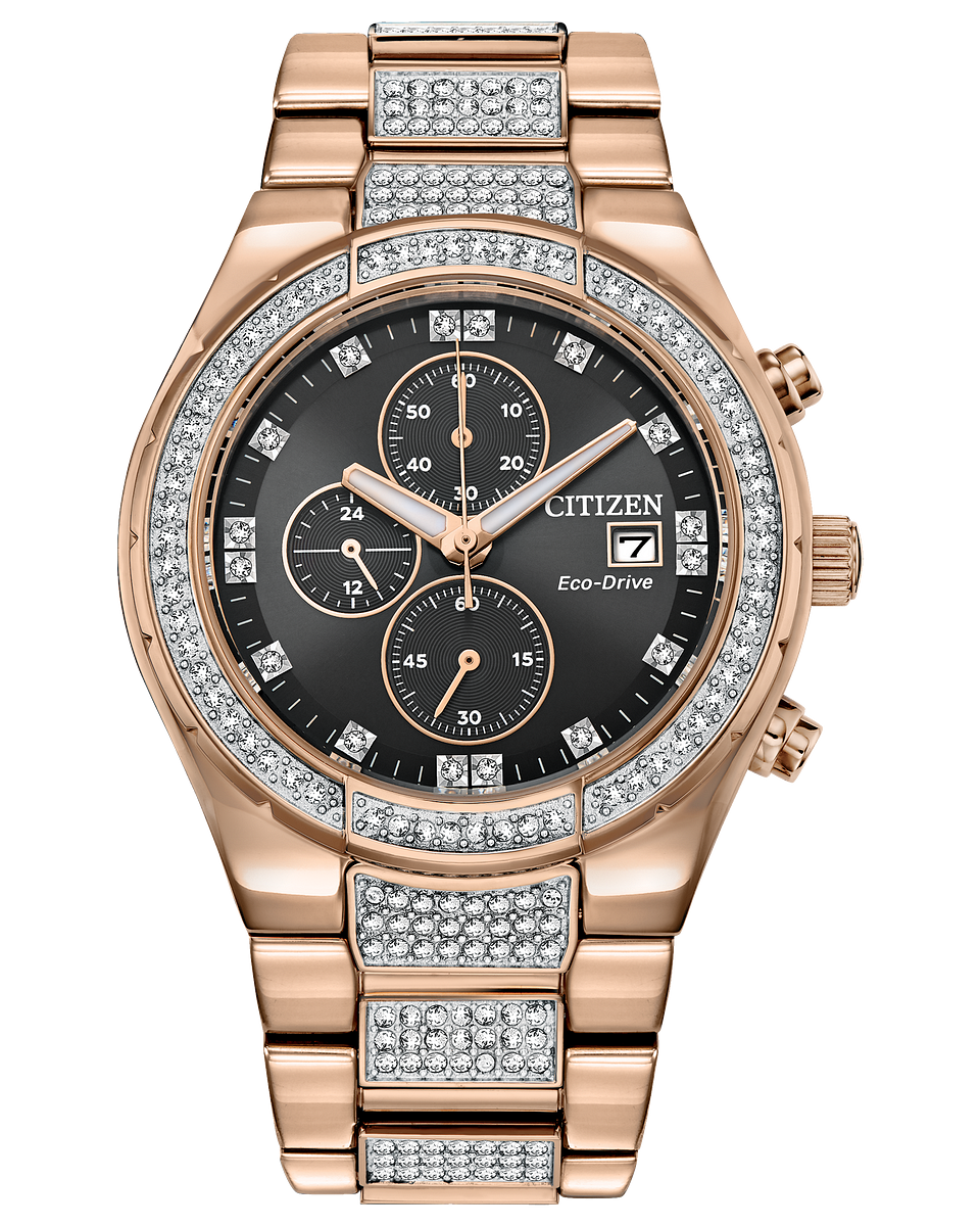Mens rose gold crystal citizen watch with chronograph day date tracker and black dial. Model CA0753-55E