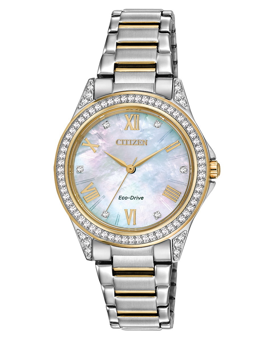 Citizen watch pink two tone stainless steel bracelet, mother of pearl color dial crystal case Eco-Drive. Model EM0234-59D