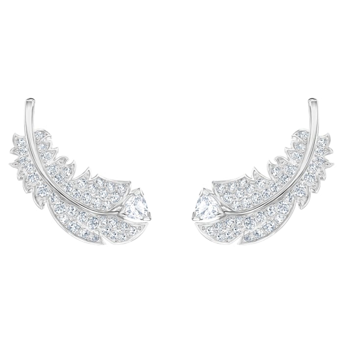 Swarovski Nice Feather Stud Pierced Earrings for Women, Pair of White Crystal Studs with Rhodium Tone Plating 5482912