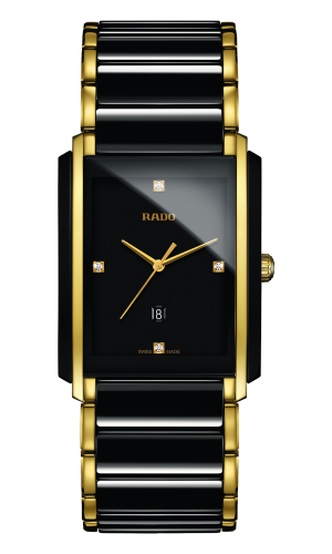 Rado watch gold and black stainless steel bracelet black dial with date tracker and 4 diamond display. Model R20204712