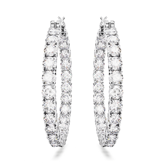 Matrix hoop earrings, Round cut, White, Rhodium plated 5647715