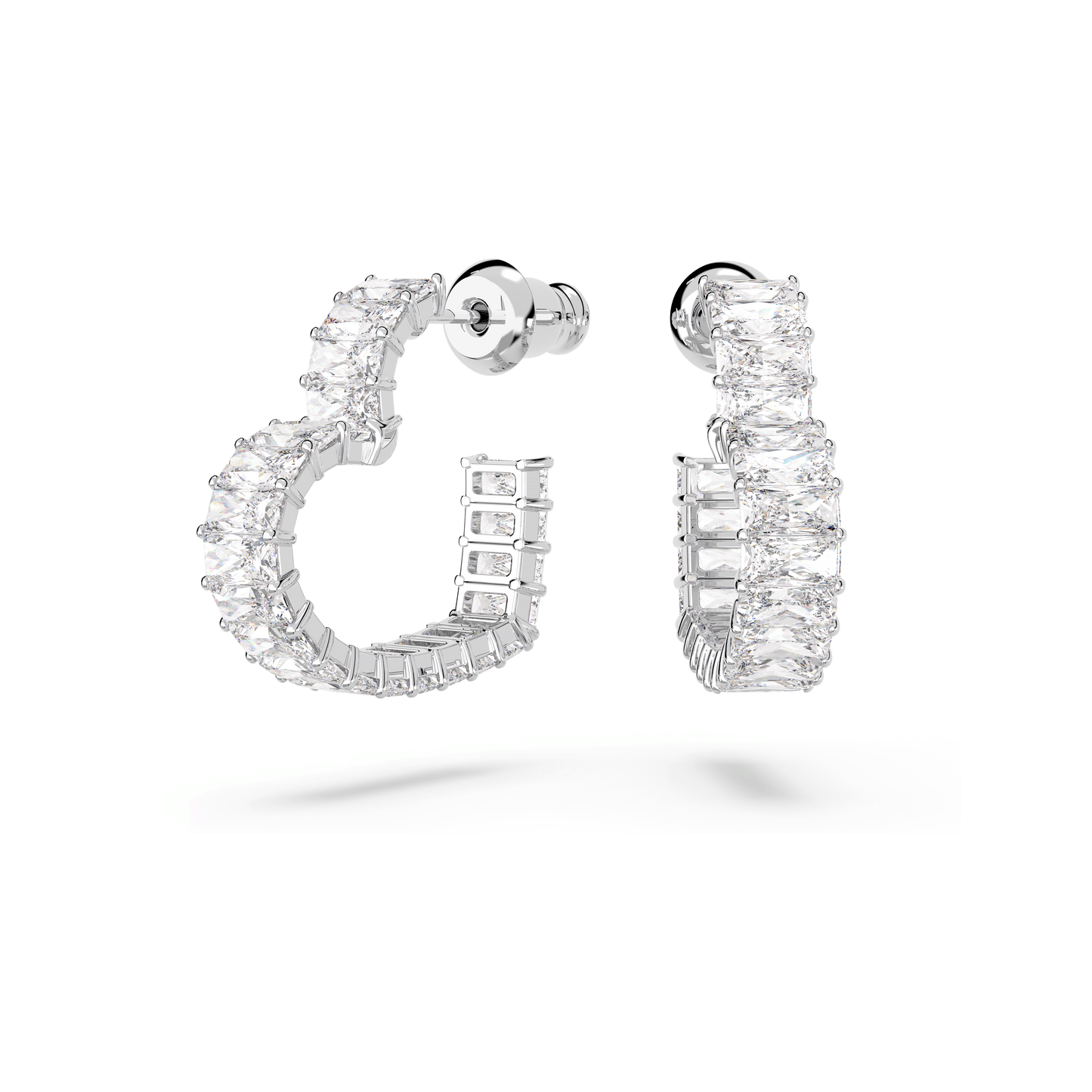 Matrix hoop earrings, Baguette cut, Heart, Small, White, Rhodium plated 5653170