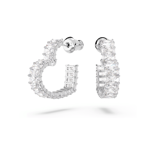 Matrix hoop earrings, Baguette cut, Heart, Small, White, Rhodium plated 5653170