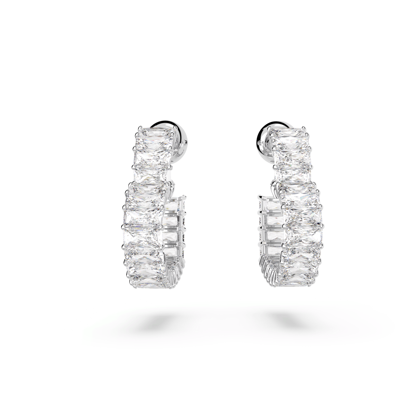 Matrix hoop earrings, Baguette cut, Heart, Small, White, Rhodium plated 5653170