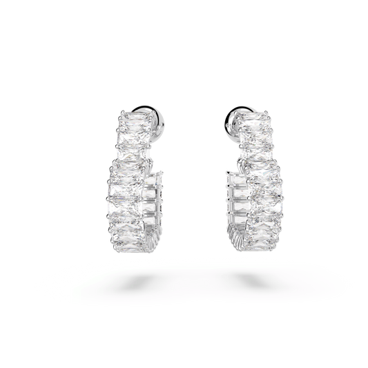 Matrix hoop earrings, Baguette cut, Heart, Small, White, Rhodium plated 5653170