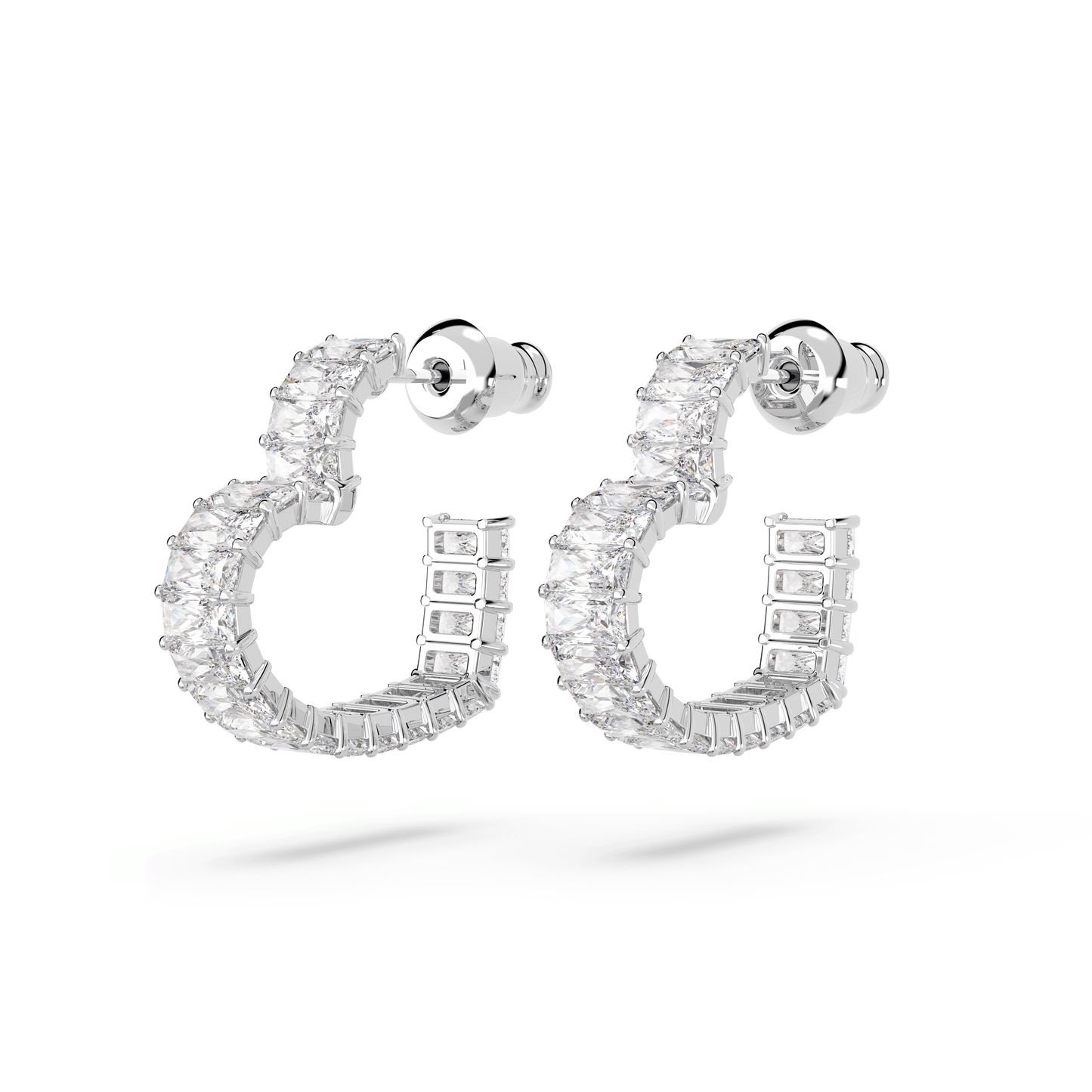 Matrix hoop earrings, Baguette cut, Heart, Small, White, Rhodium plated 5653170