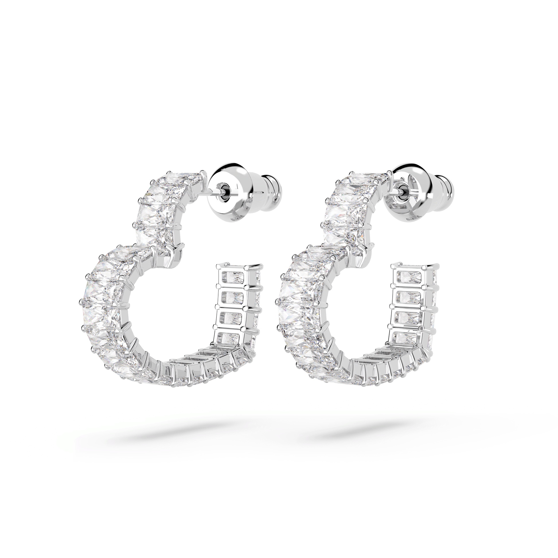 Matrix hoop earrings, Baguette cut, Heart, Small, White, Rhodium plated 5653170
