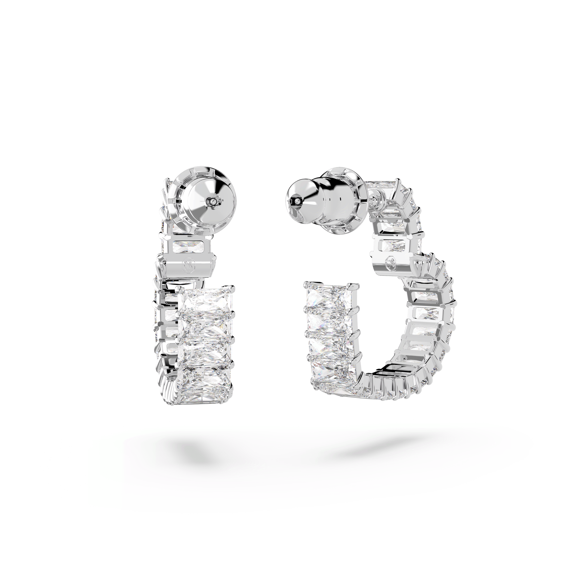 Matrix hoop earrings, Baguette cut, Heart, Small, White, Rhodium plated 5653170