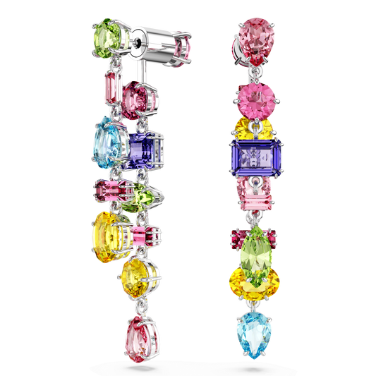 Gema drop earrings, Asymmetrical design, Mixed cuts, Long, Multicolored, Rhodium plated 5656417