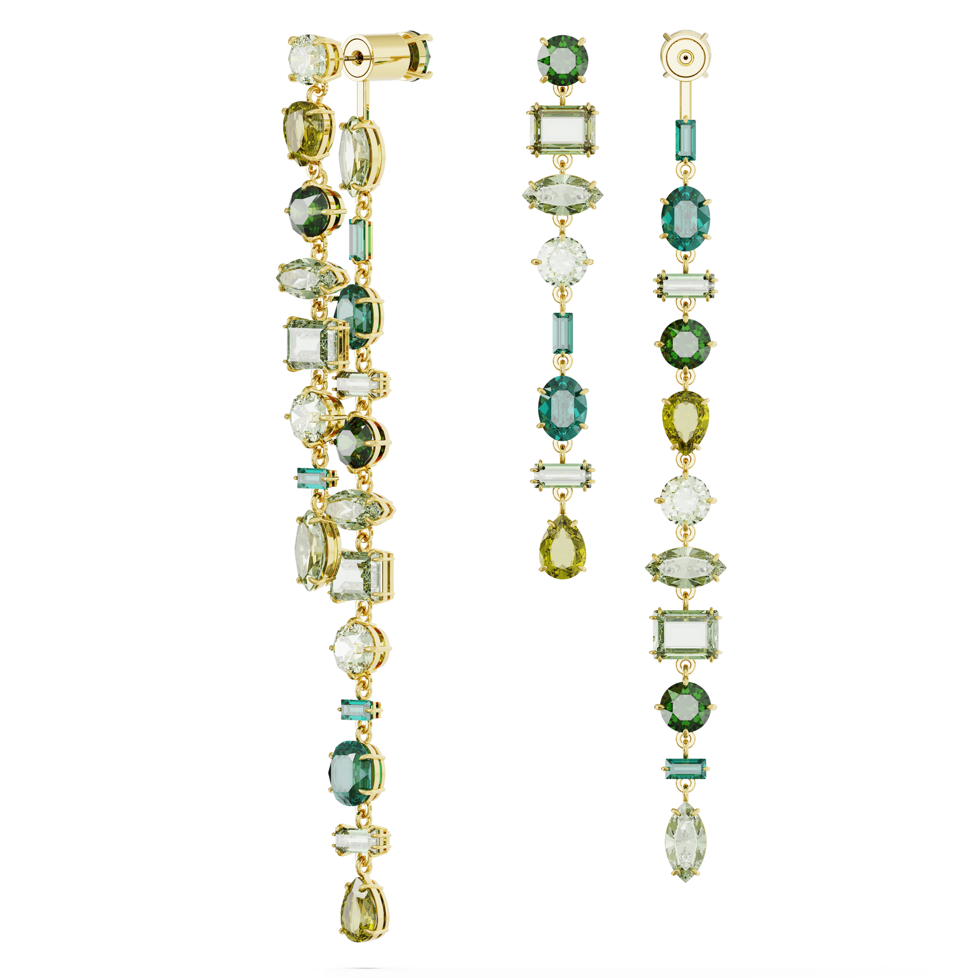 Gema drop earrings, Asymmetrical design, Mixed cuts, Extra long, Green, Gold-tone plated 5657390
