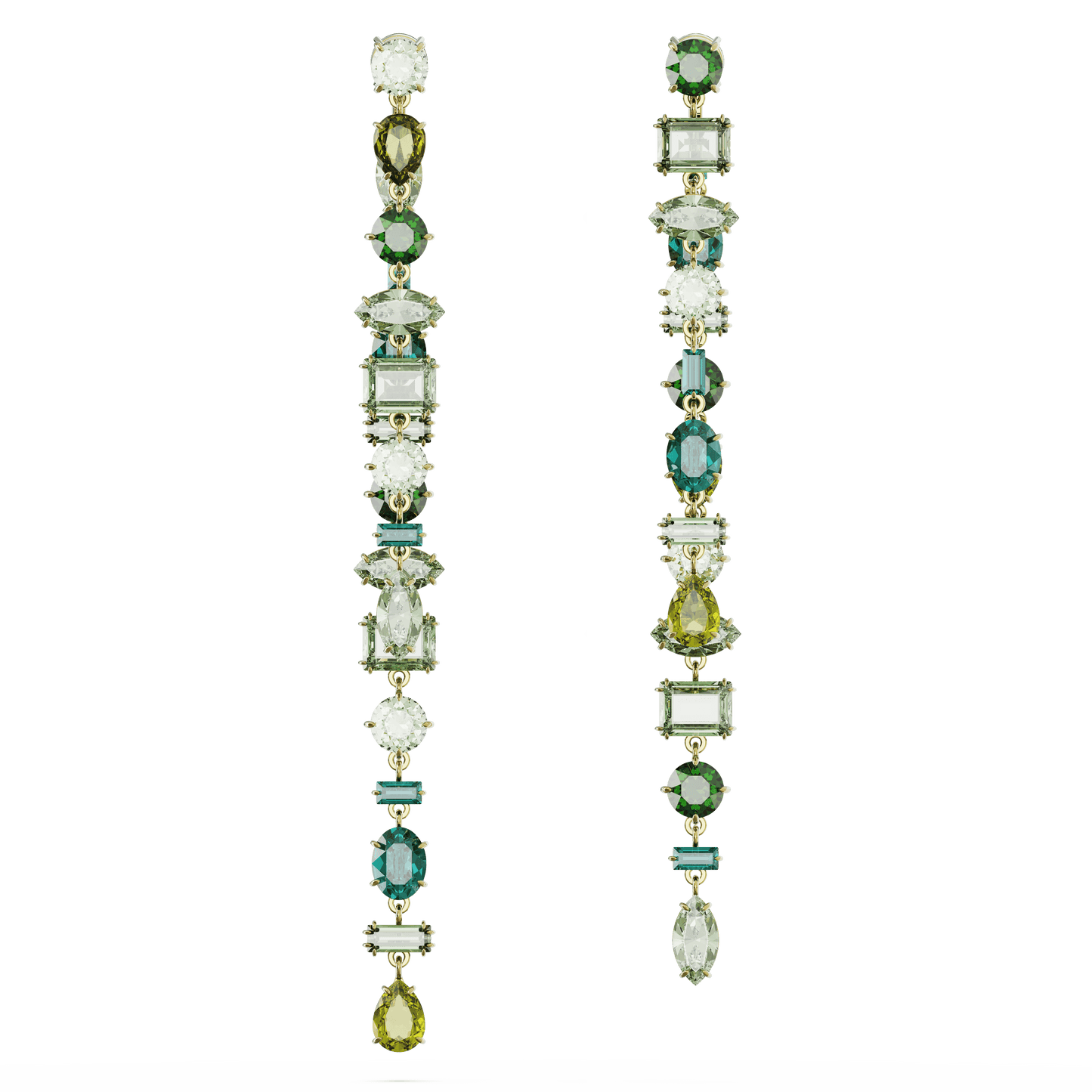 Gema drop earrings, Asymmetrical design, Mixed cuts, Extra long, Green, Gold-tone plated 5657390