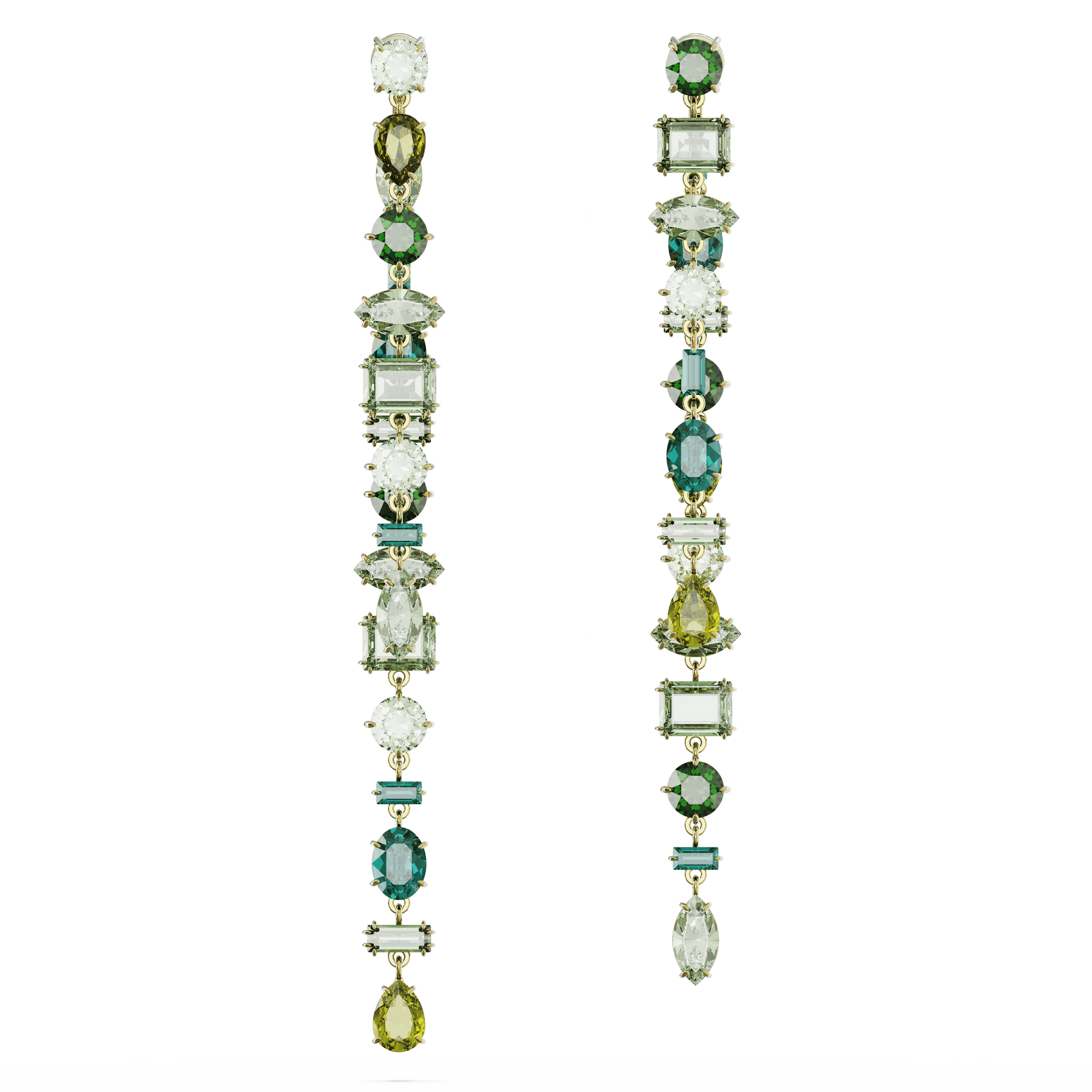 Gema drop earrings, Asymmetrical design, Mixed cuts, Extra long, Green, Gold-tone plated 5657390