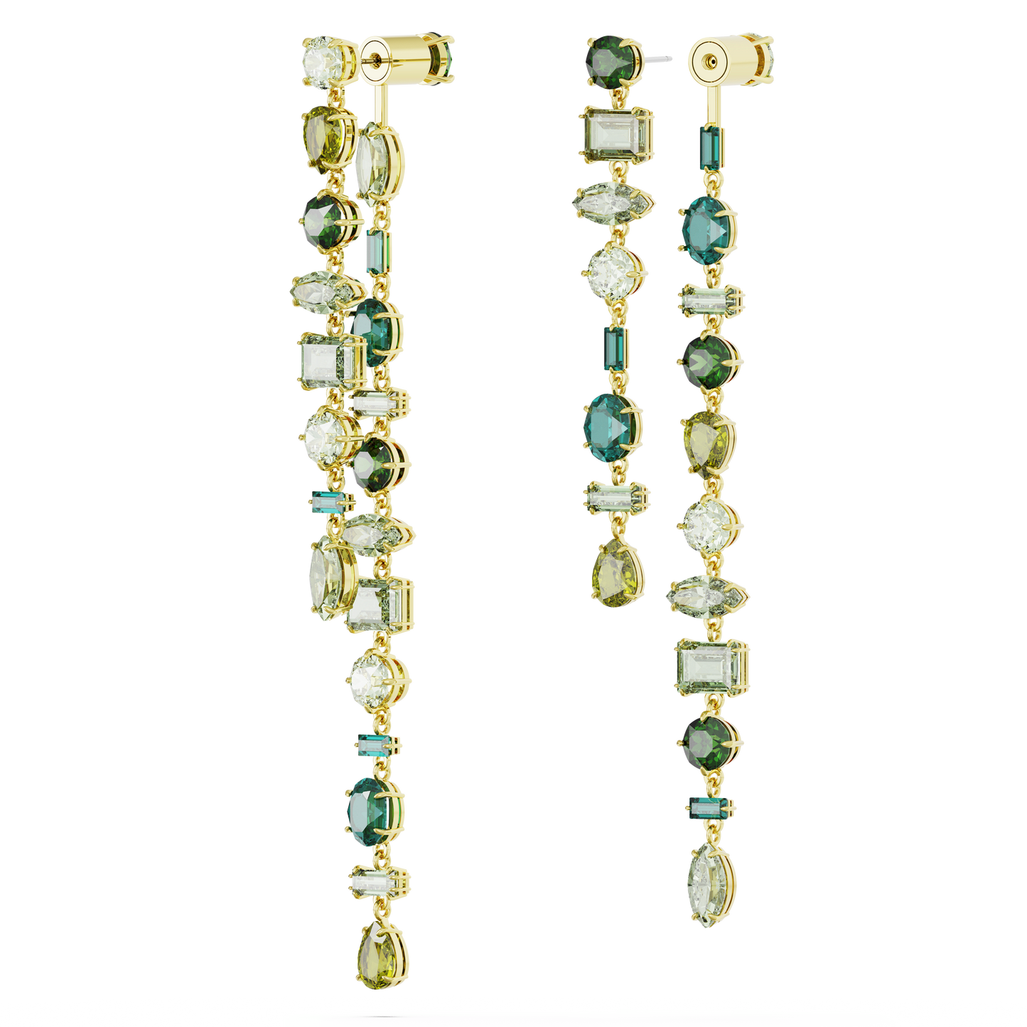 Gema drop earrings, Asymmetrical design, Mixed cuts, Extra long, Green, Gold-tone plated 5657390