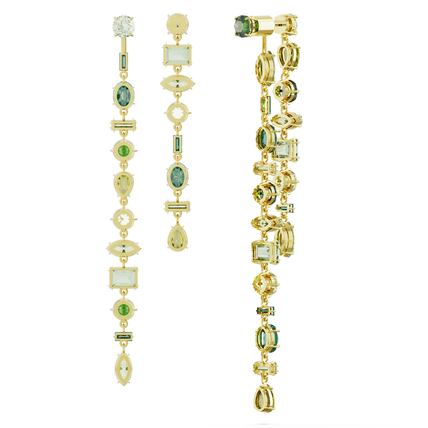 Gema drop earrings, Asymmetrical design, Mixed cuts, Extra long, Green, Gold-tone plated 5657390