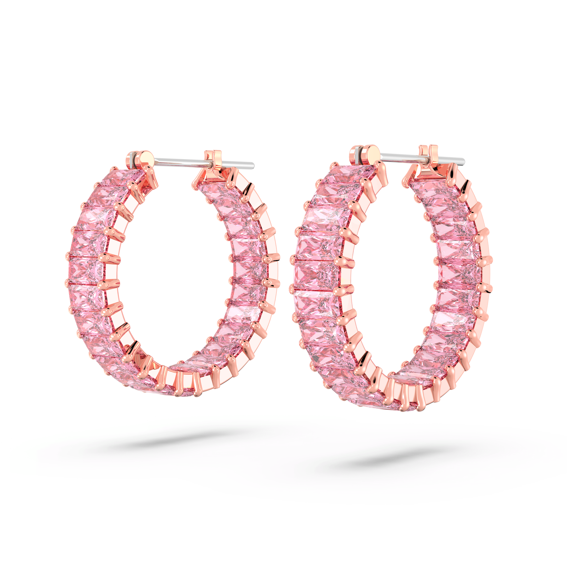Matrix hoop earrings, Baguette cut, Pink, Rose gold-tone plated 5657726