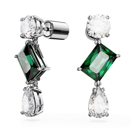 Mesmera drop earrings, Mixed cuts, Green, Rhodium plated 5665878