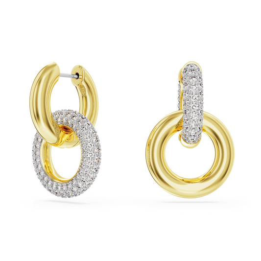 Dextera hoop earrings, Asymmetrical design, Interlocking loop, White, Gold-tone plated 5668818