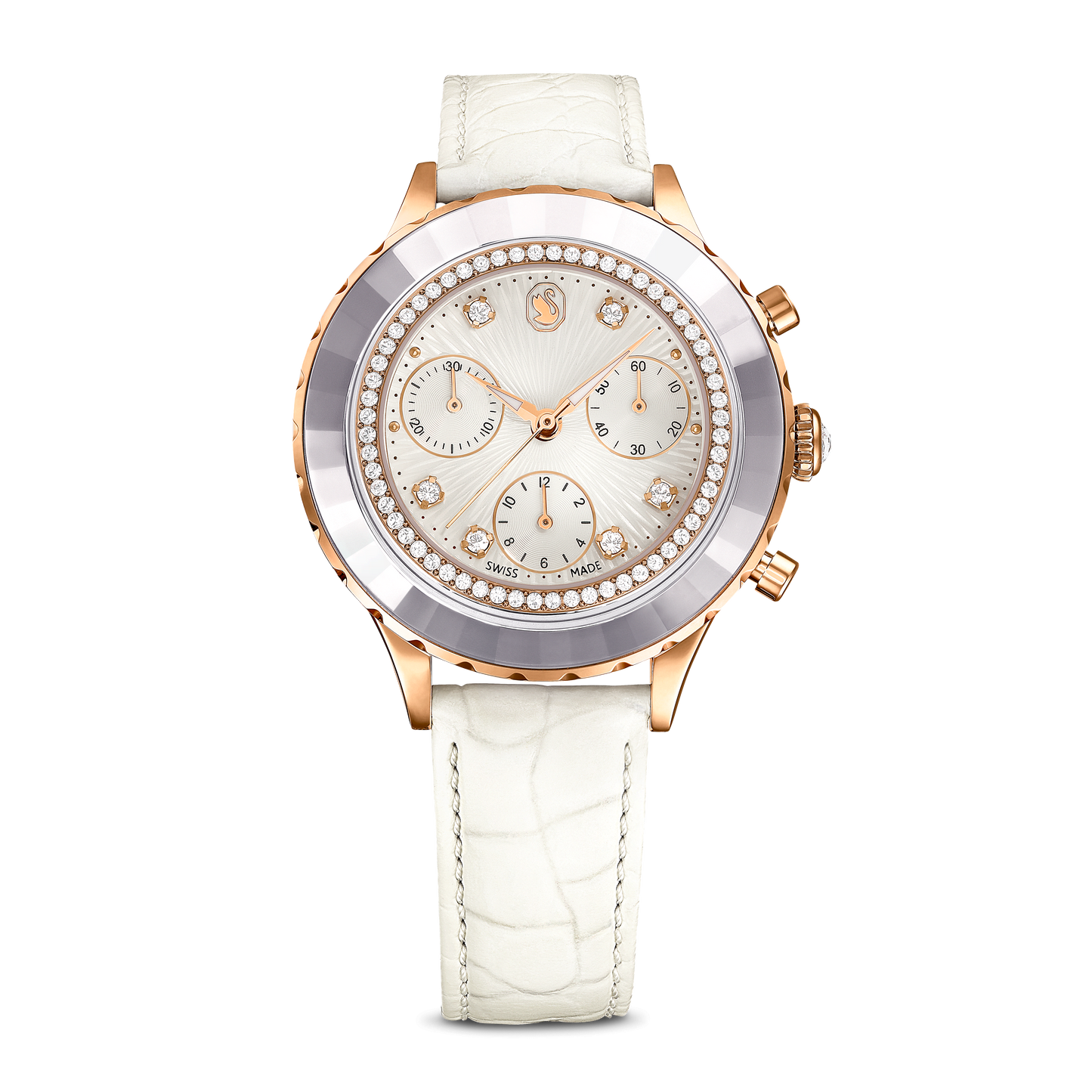 Octea chrono watch, Swiss Made, Leather strap, White, Rose gold-tone finish 5671150